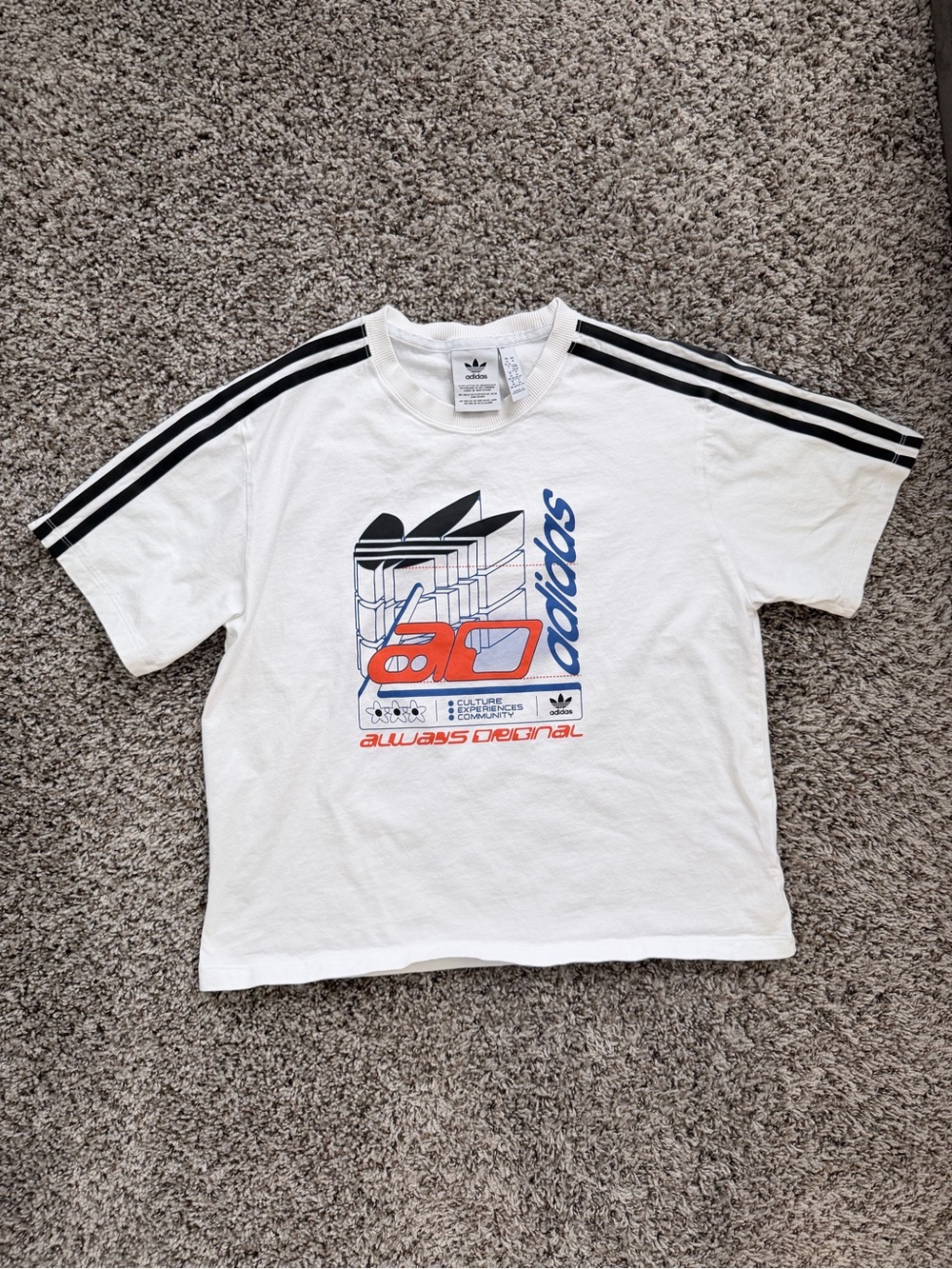 adidas White Tee with Black Stripes and Blue & Red Graphic